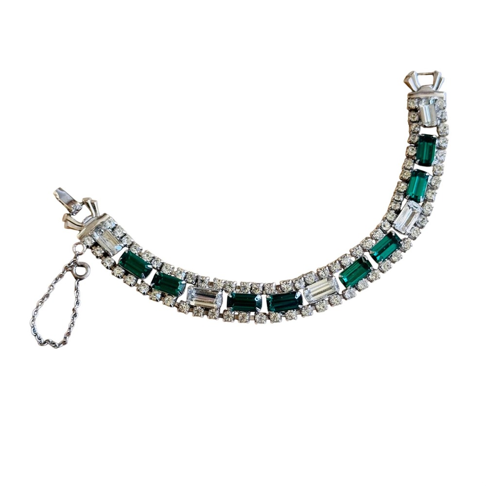 VTG‎ Faux Emerald Rhinestone Bracelet Art Deco Rhodium Plated Elegant Regency 7"